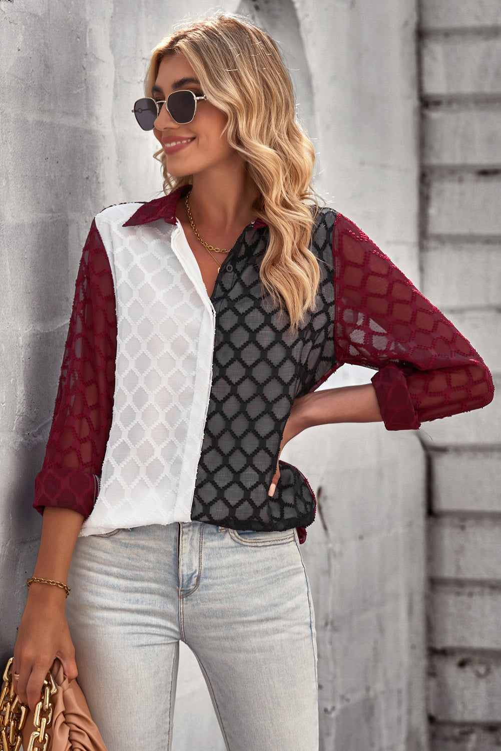 Curved Hem Button-Up Long Sleeve Shirt