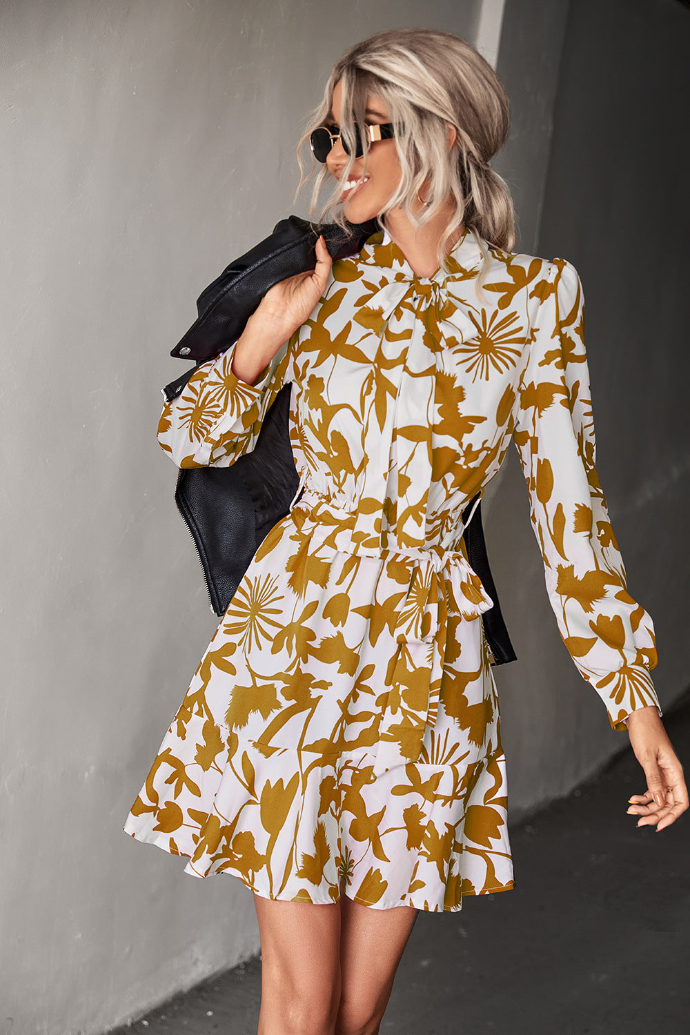 Floral Tie Neck Belted Puff Sleeve Dress