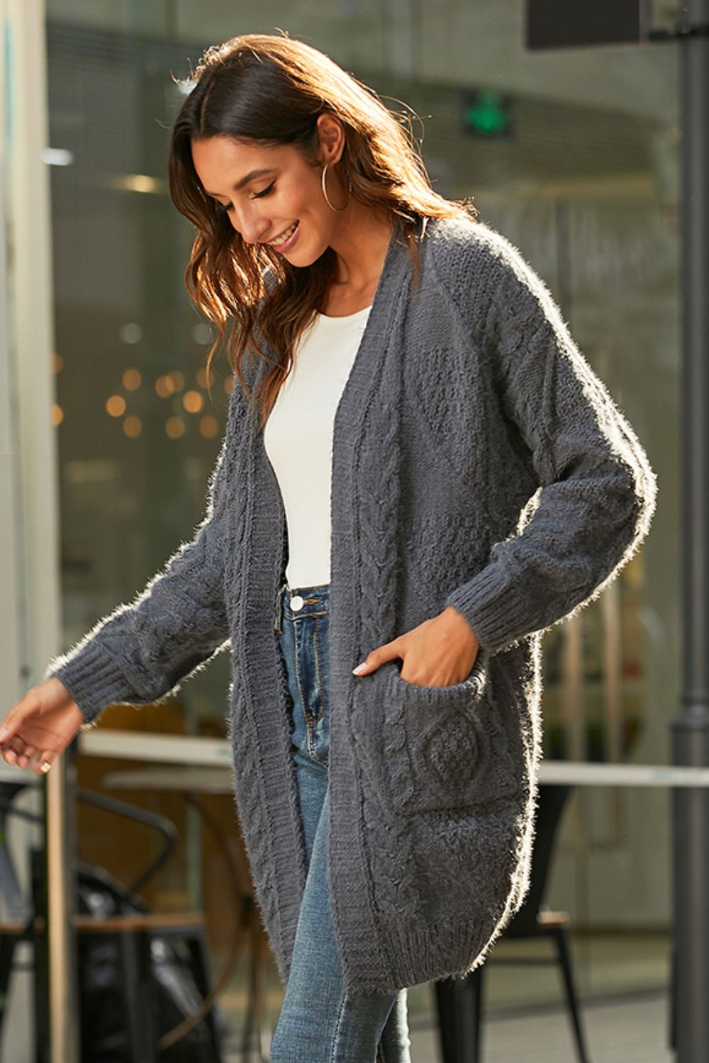 Mixed Knit Open Front Longline Cardigan