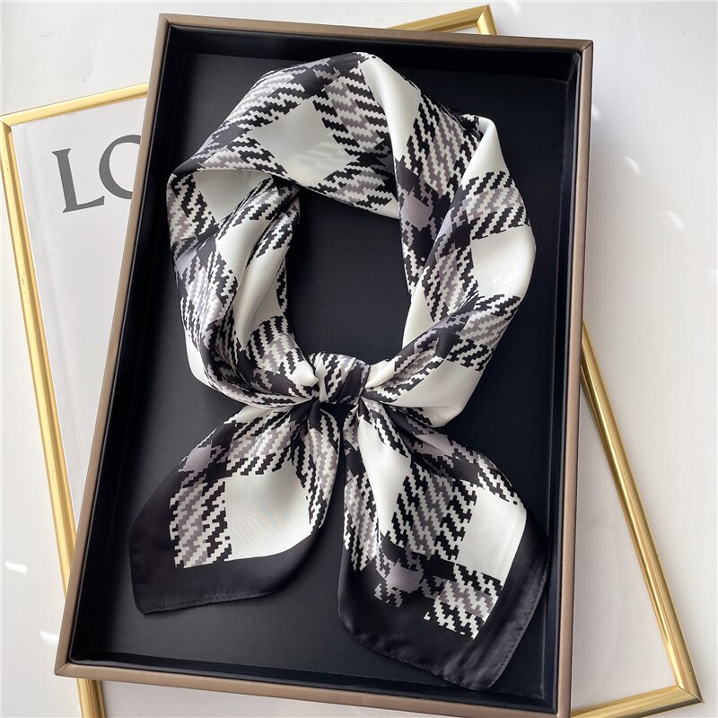 Plaid Silk Square Scarf Women