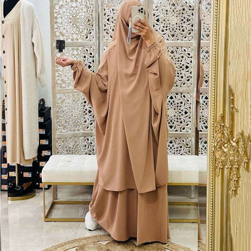 2 Piece Set Muslim Women Abaya Arab Gown