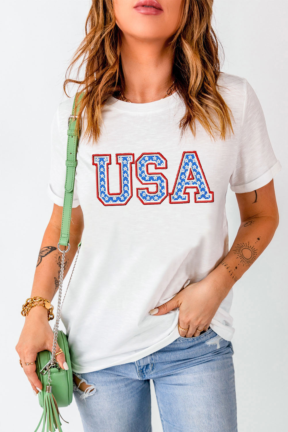 USA Graphic Embroidered Round Neck T-Shirt