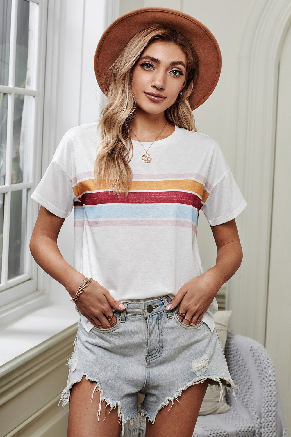 Striped Dropped Shoulder Round Neck Tee